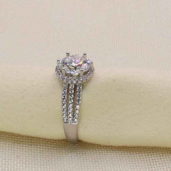2 Carat Round Moissanite Platinum and Rhodium Plated 925 Silver Ring - Picture 8 of 14